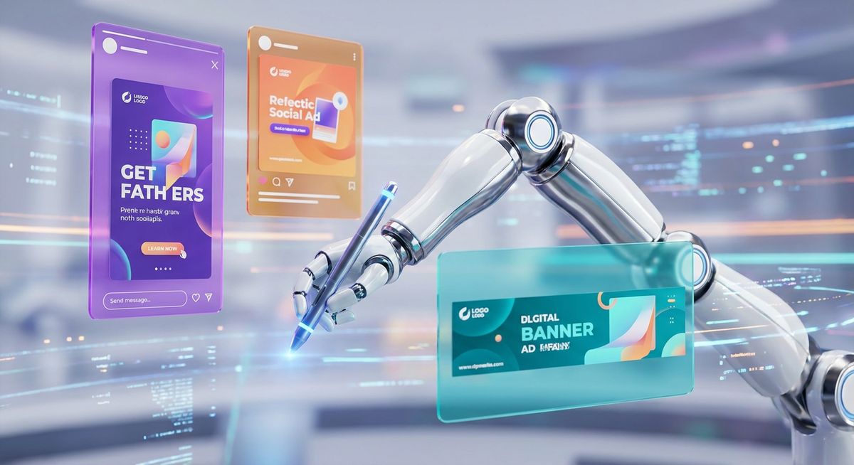 Futuristic representation of an AI ad maker automating social media graphics