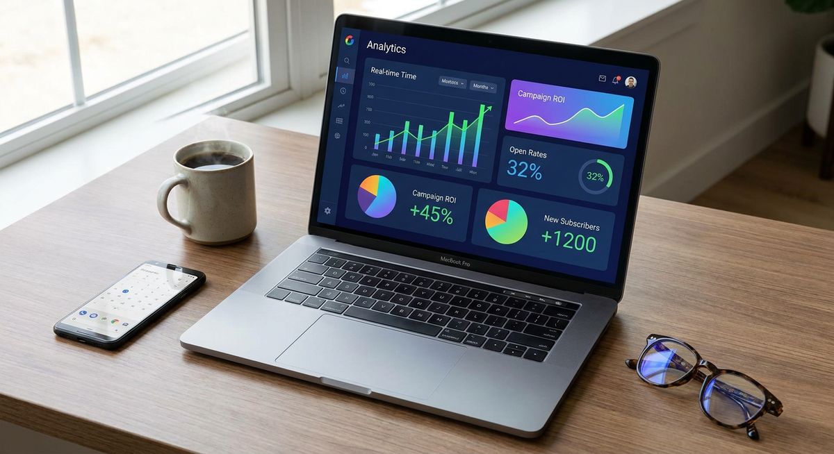 A photorealistic, sleek overhead shot of a modern office desk featuring a laptop screen displaying a colorful, dynamic analytics dashboard with upward trending graphs and personalized email campaign metrics.