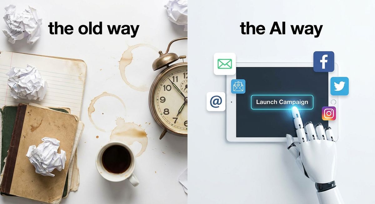 Split screen showing chaotic traditional marketing desk vs sleek modern AI automation setup