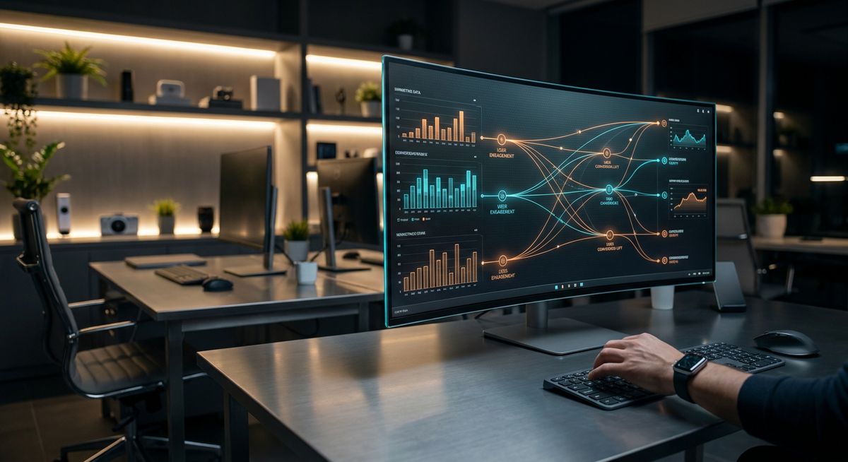 Cinematic modern marketing workspace showcasing advanced data analysis and agentic workflows