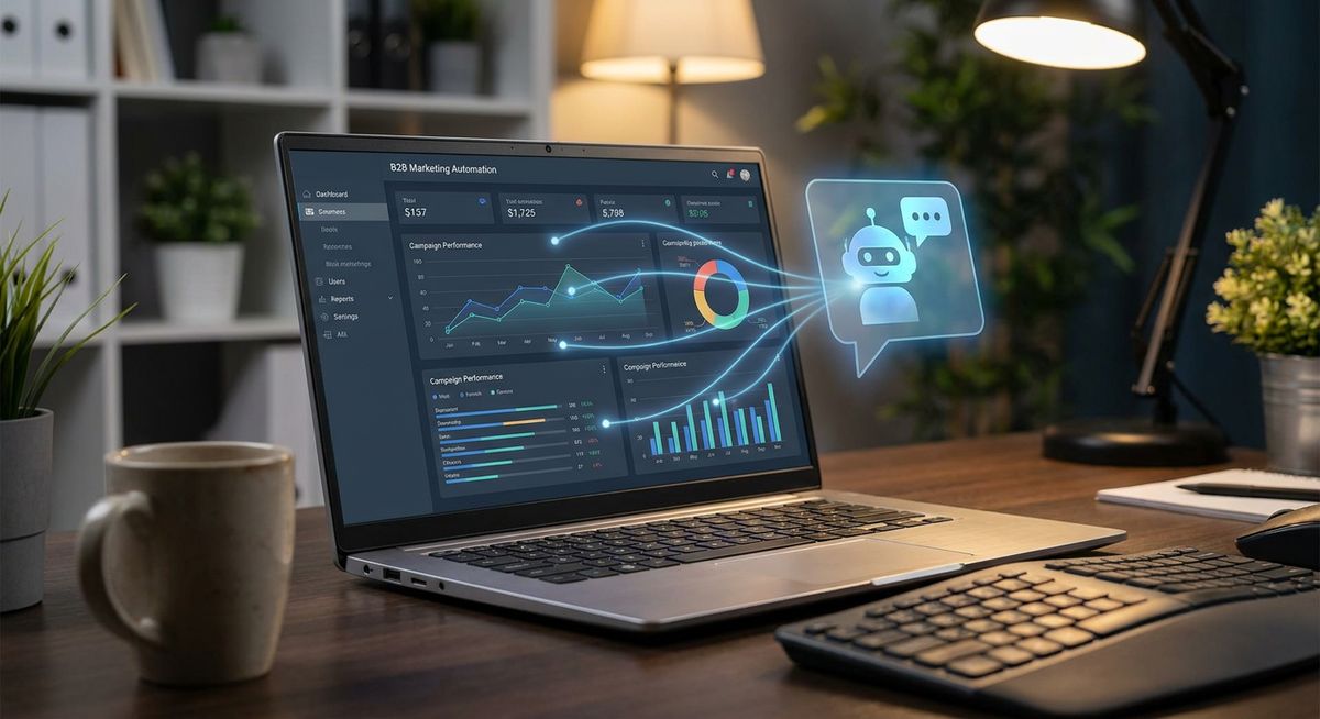 A photorealistic close-up shot of a modern office desk with a high-end laptop screen displaying a sophisticated B2B marketing automation dashboard. A glowing, semi-transparent AI chatbot icon hovers interactively near the screen, connected to dynamic data graphs by thin, luminous beams of light. Cinematic lighting, shallow depth of field, ultra-detailed.