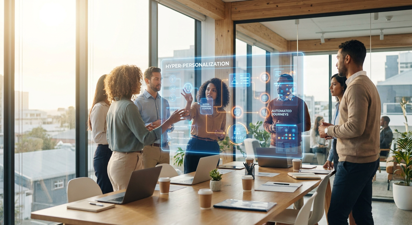 Marketing team utilizing AI marketing automation SaaS solutions for hyper-personalization and lowering CAC