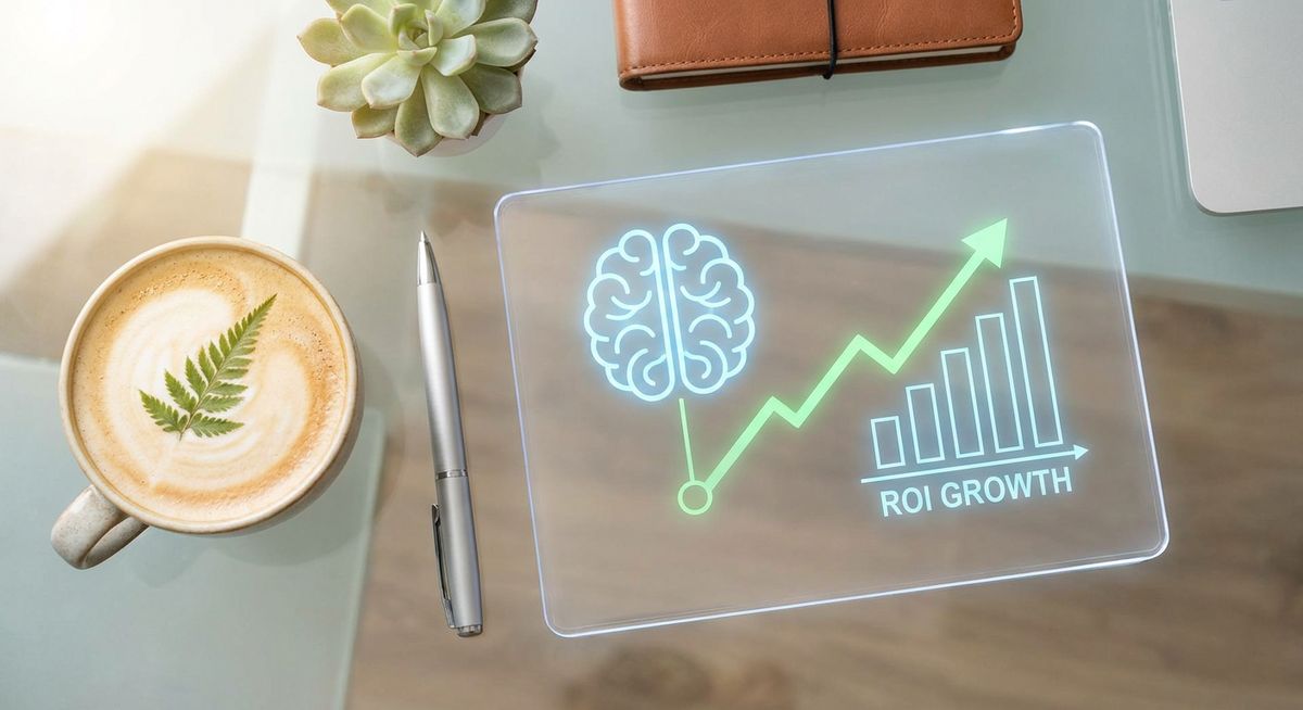 High-end flat lay of a tablet displaying a minimalist AI brain icon connected to a soaring green ROI chart