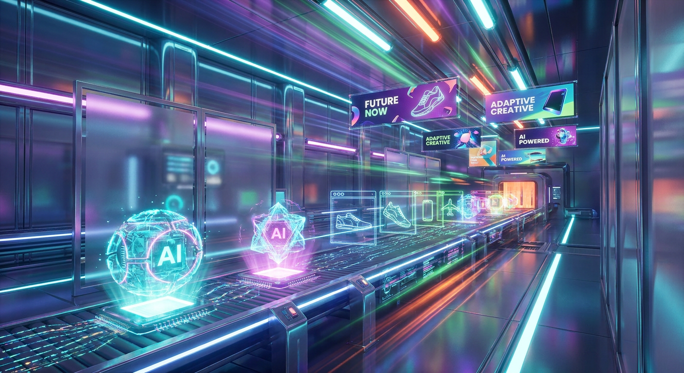 Futuristic creative assembly line showing an AI ad maker tool generating social media banners