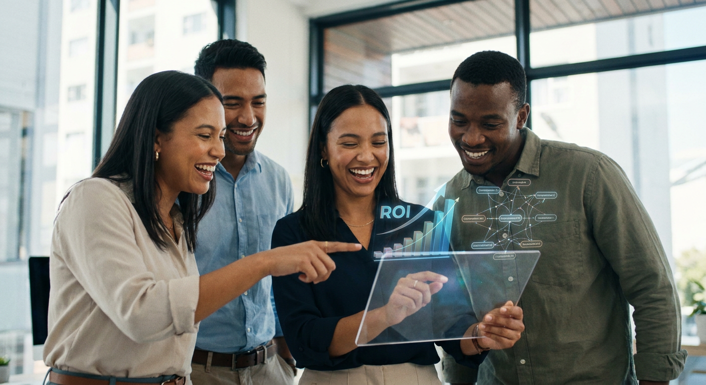 Marketing team looking at digital ROI charts