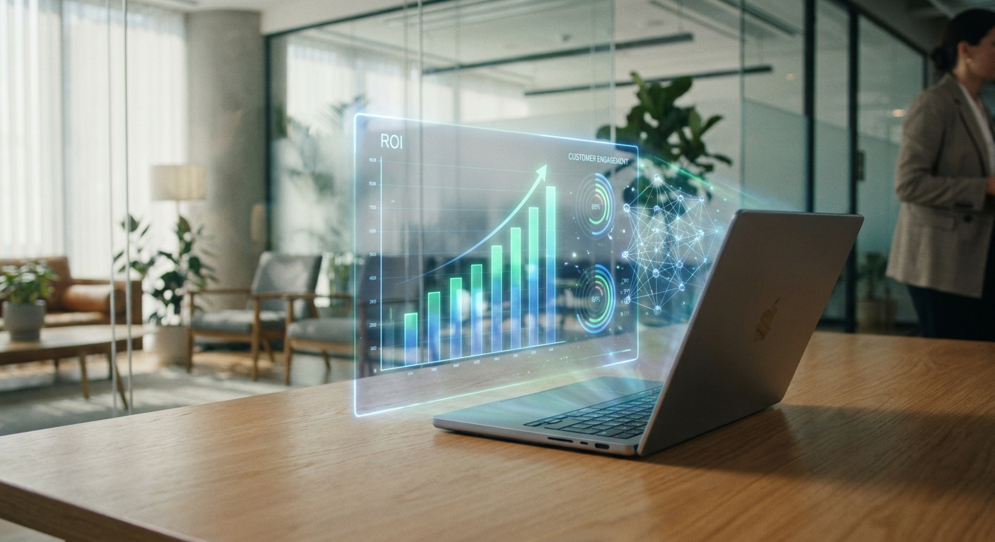 Holographic dashboard showing ascending ROI charts and AI neural networks