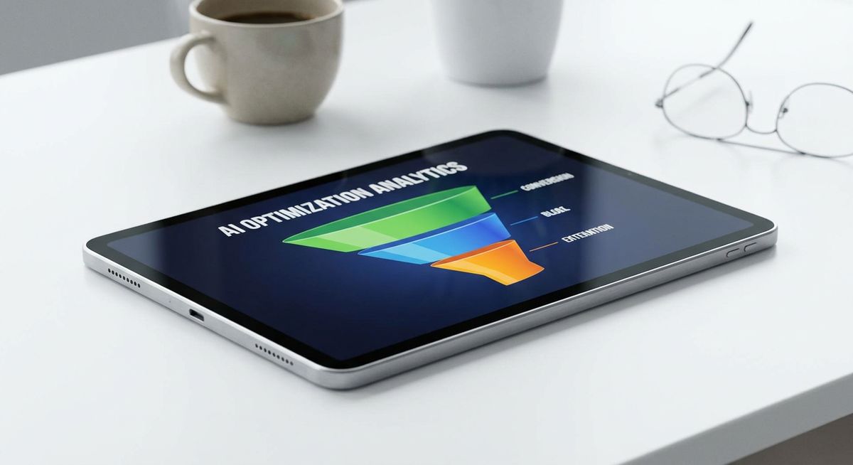 Sleek digital tablet displaying colorful conversion funnel chart and AI optimization analytics