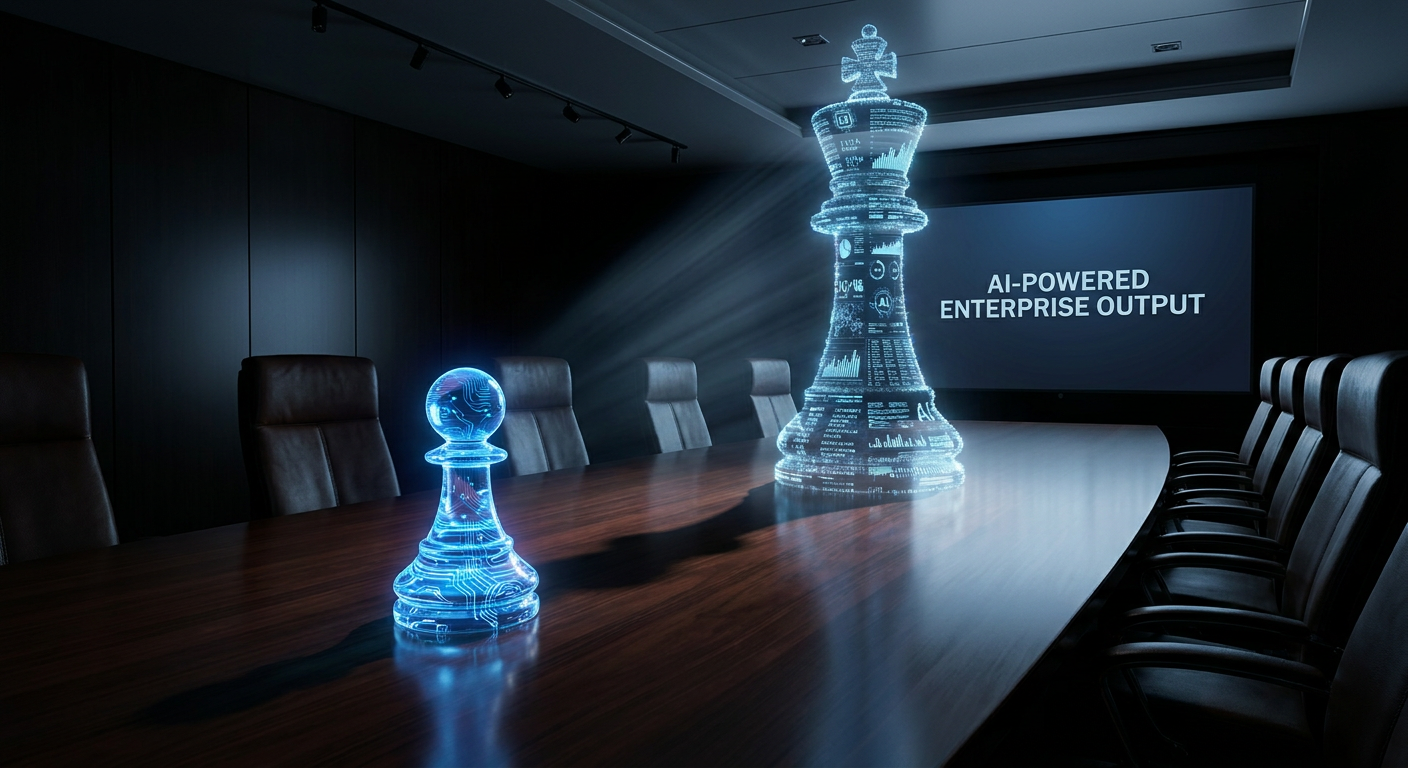 A single glowing glass chess pawn projecting a massive holographic shadow of a powerful king chess piece