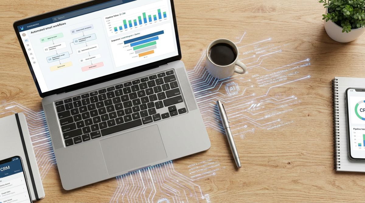 Conceptual workspace of a modern B2B sales professional using AI automation tools