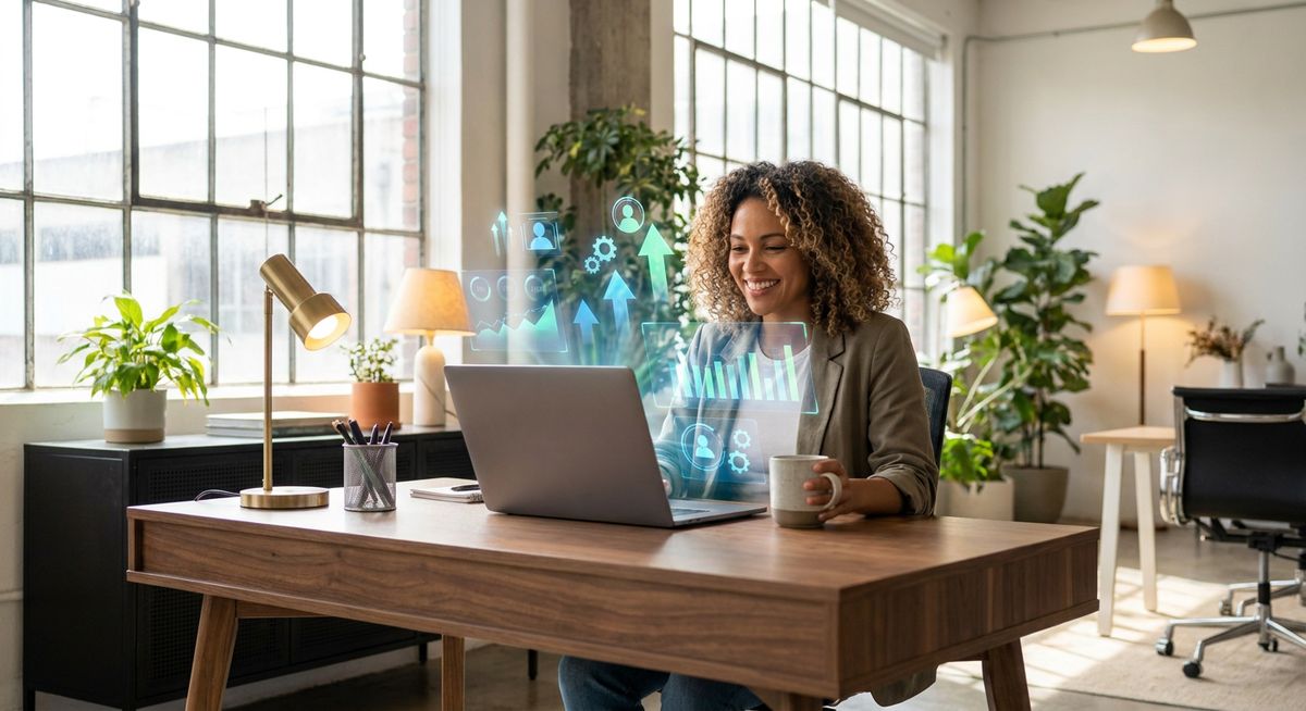 A confident small business owner working at a modern desk with futuristic glowing holographic charts above their laptop, symbolizing AI technology boosting sales.