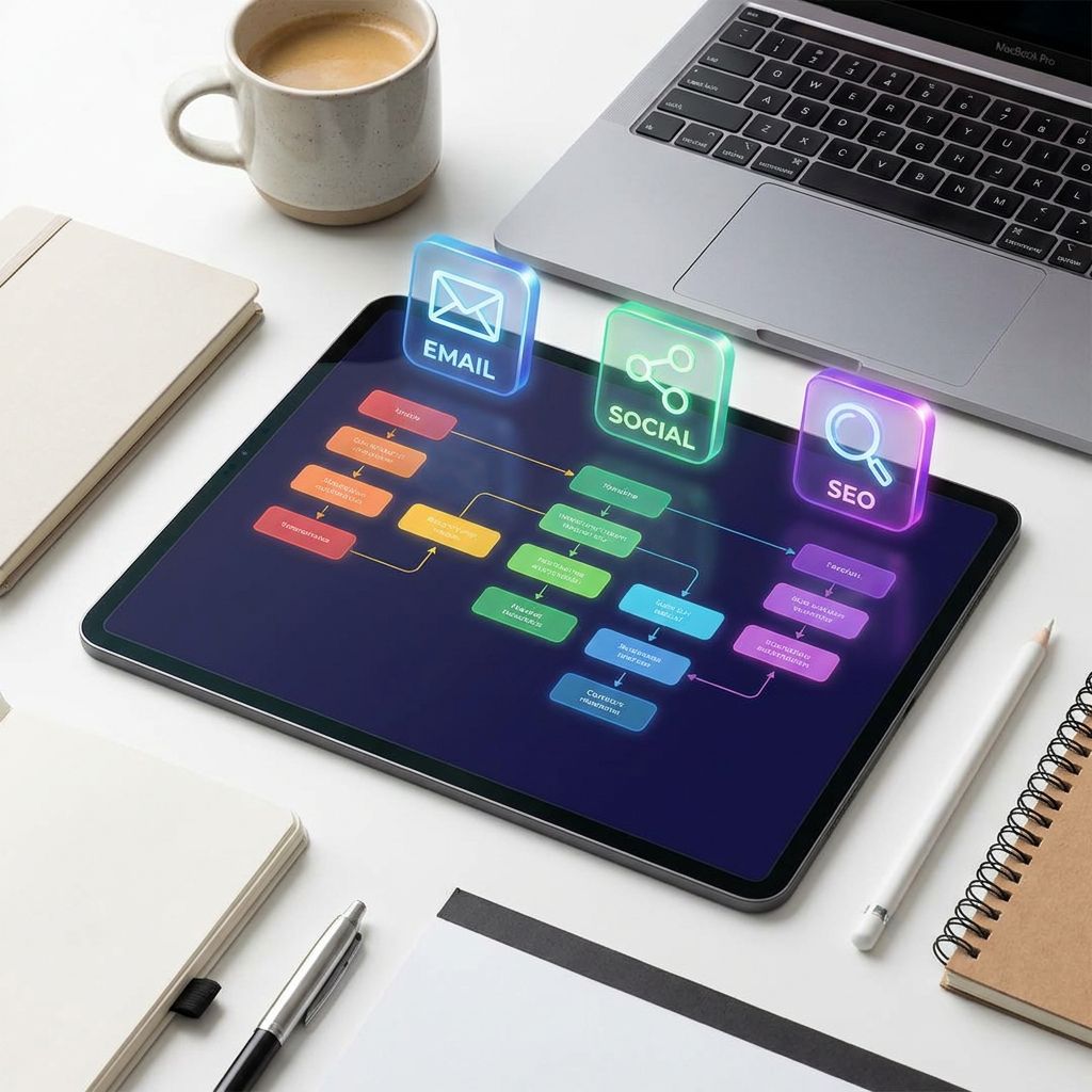 A vibrant, top-down flat lay photography shot of a modern agency professional's desk with an AI marketing automation workflow timeline