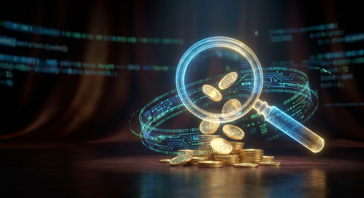 A conceptual 3D rendering of a glowing holographic magnifying glass focusing on a stack of gold coins that are actively duplicating and multiplying