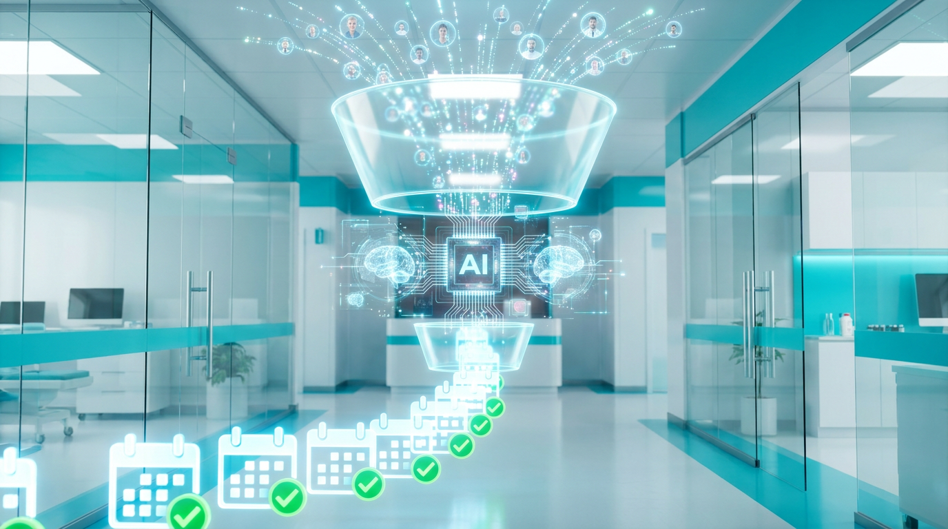 3D illustration of a glowing marketing funnel powered by an AI processor core, routing patient leads.