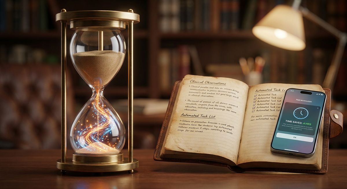Conceptual close-up representing time-saving automation in a therapist's office