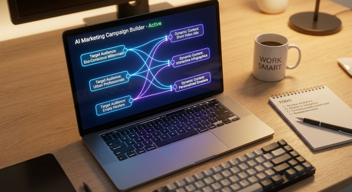 A glowing laptop screen displays a visual AI node network building a marketing campaign, automatically connecting 'Target Audience' profiles to 'Dynamic Content Templates'.