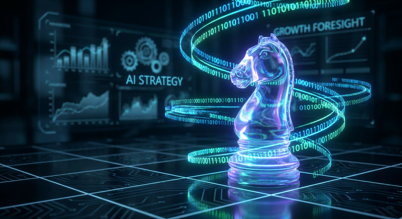Glowing transparent glass chess piece on digital board representing AI marketing strategist software foresight
