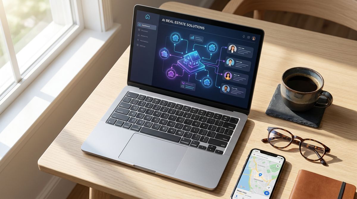 Modern real estate professional desk with AI dashboard and CRM technology