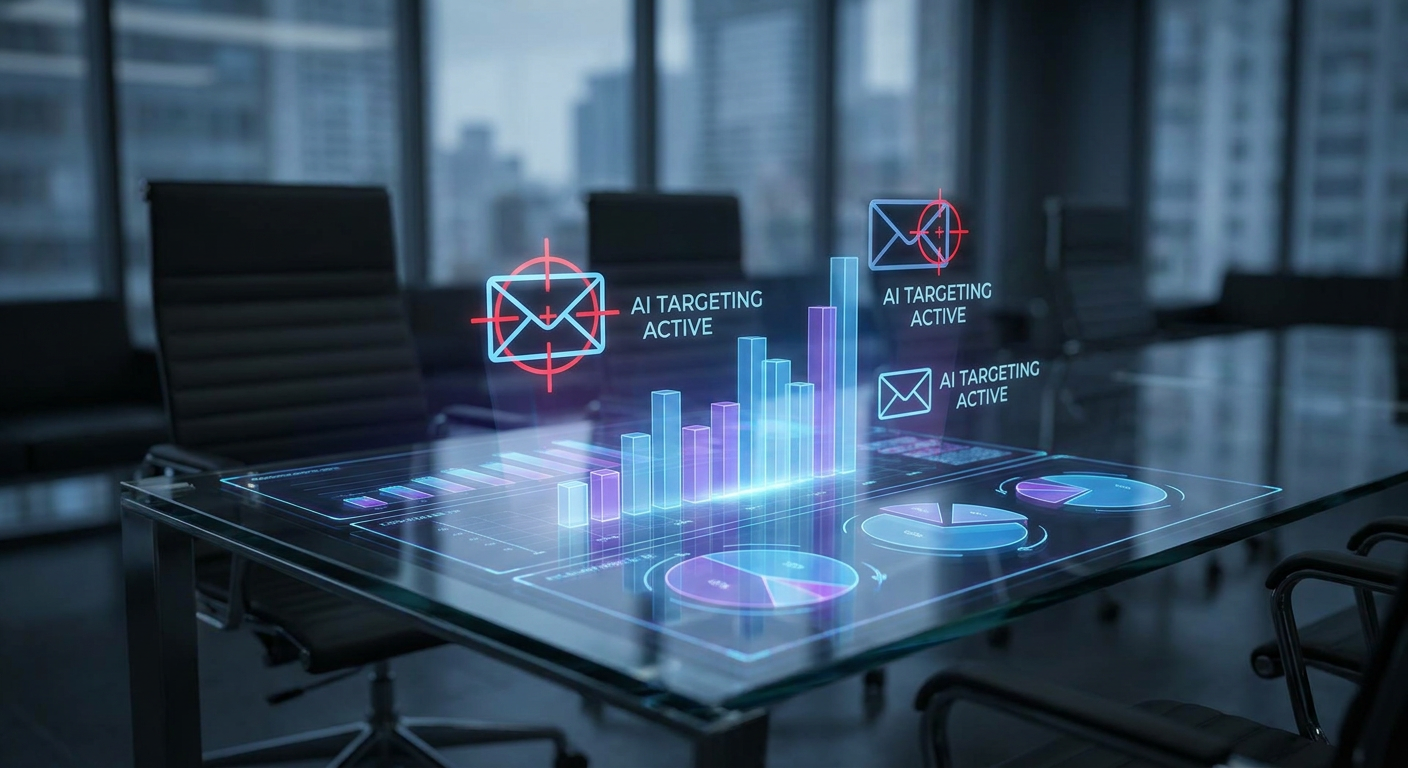 A photorealistic, sleek marketing analytics dashboard projected as a glowing holographic display showing email marketing ROI and predictive metrics.
