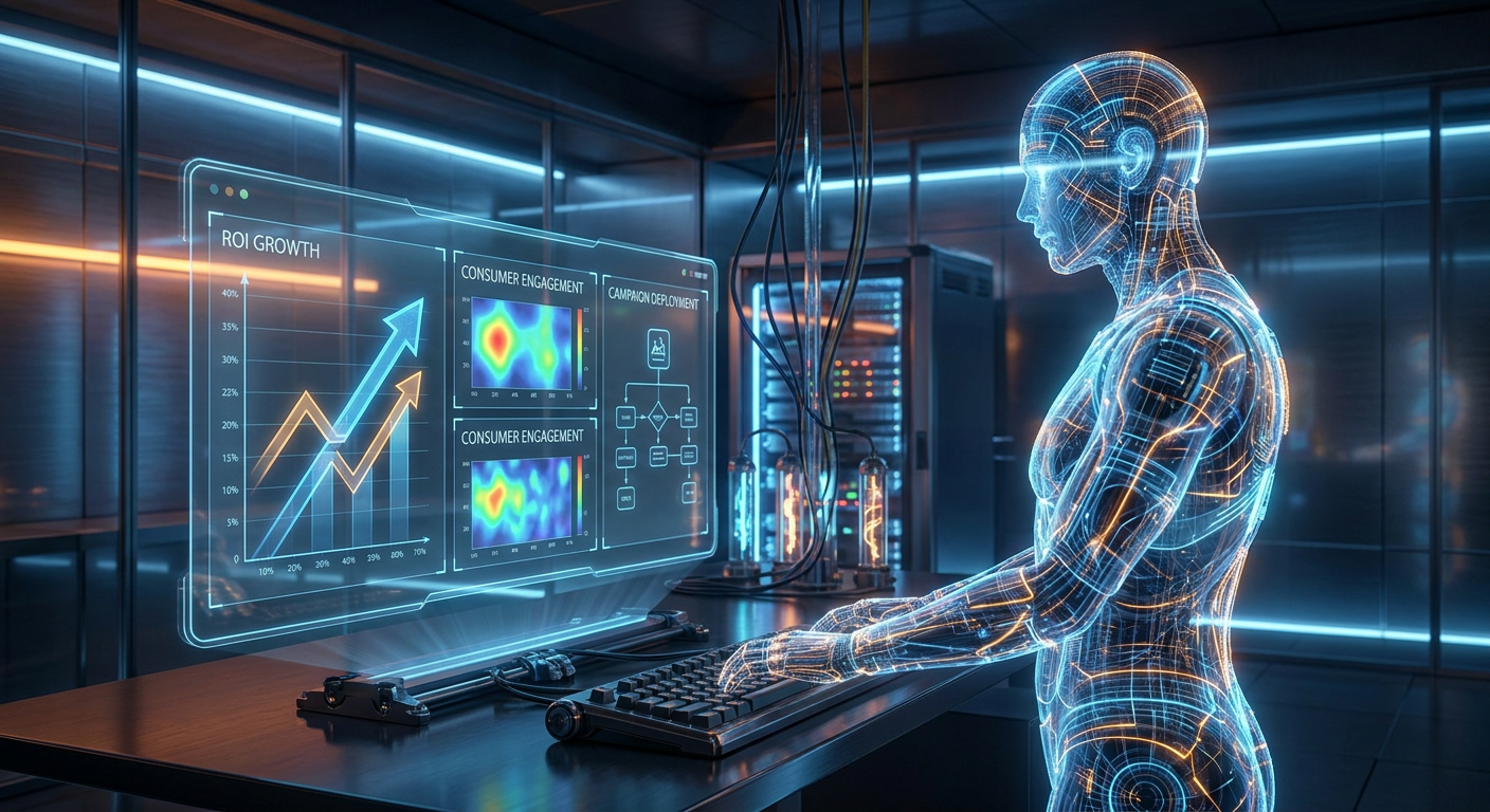 Futuristic digital workspace representing an autonomous AI marketing strategist