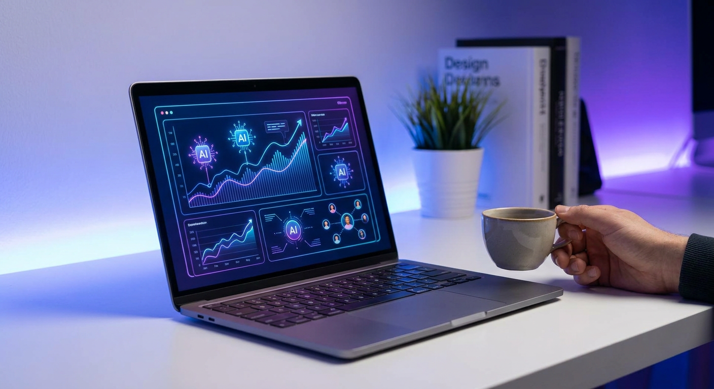A high-end lifestyle photography shot of a modern workspace featuring a sleek laptop displaying a futuristic email marketing dashboard with upward-trending neon charts and interconnected user avatars.