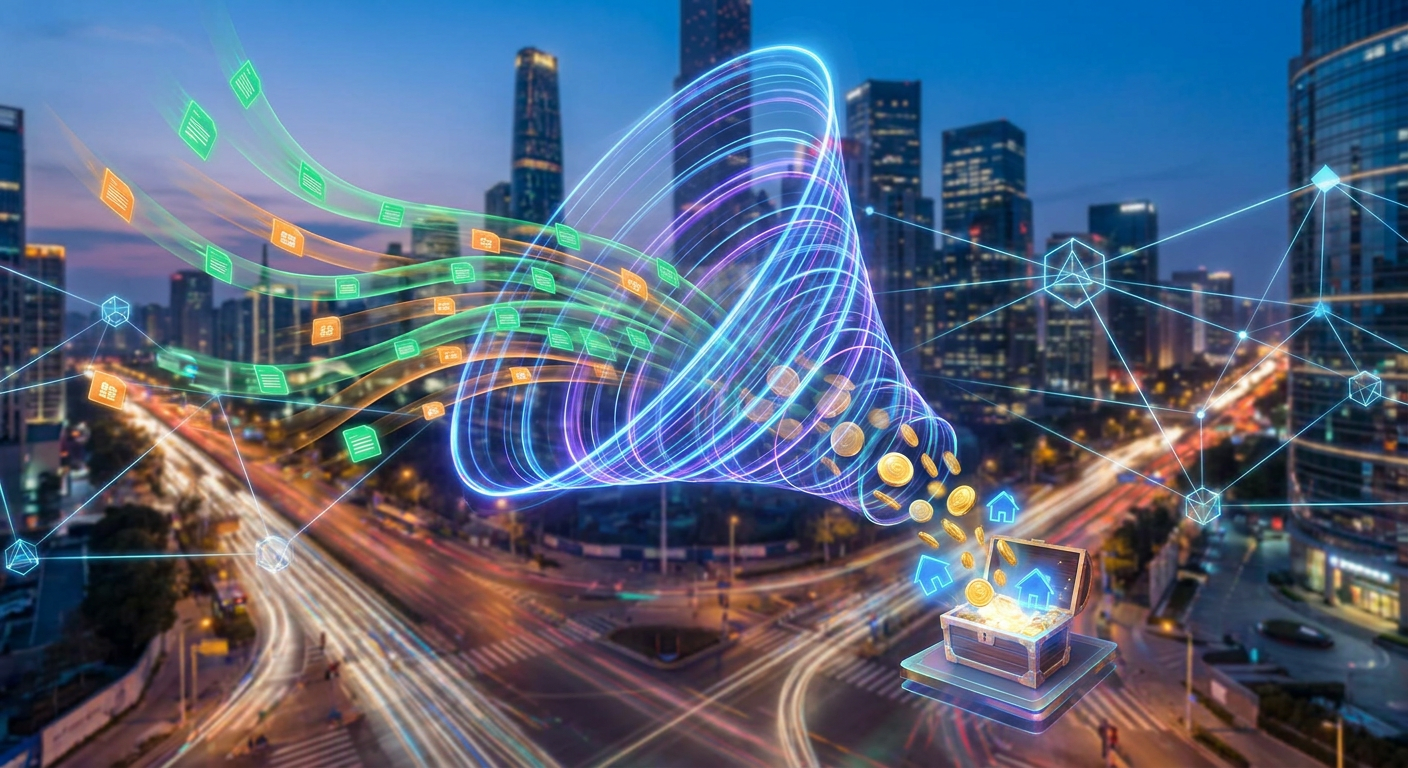 Digital sales funnel converting data streams into real estate leads and conversions