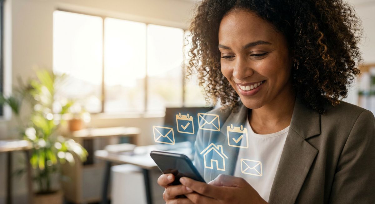Diverse real estate agent looking at a smartphone with augmented reality icons representing automated lead generation