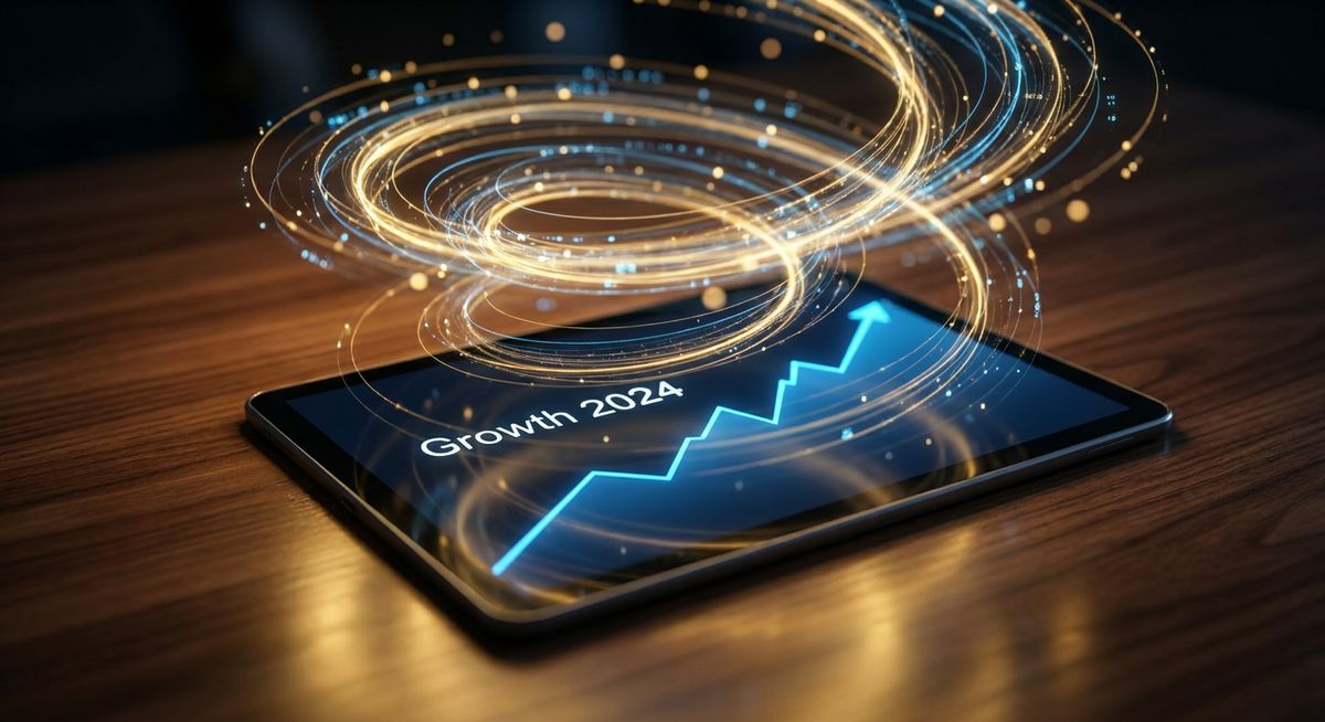 Growth 2024 chart on digital tablet with glowing golden light trails