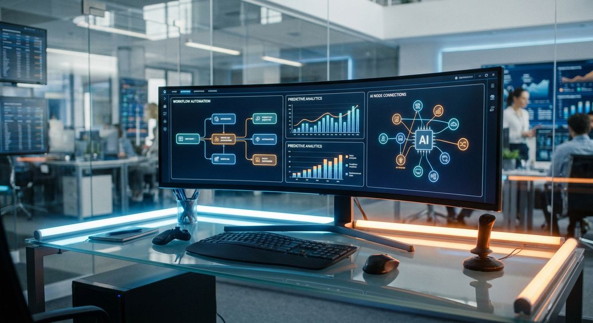 A modern marketing operations command center showing intricate workflow automation diagrams and AI node connections