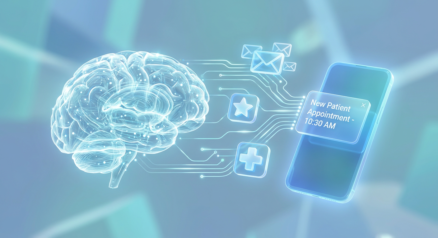 Conceptual 3D digital illustration of AI brain and data streams feeding a sleek mobile phone with a new patient appointment.