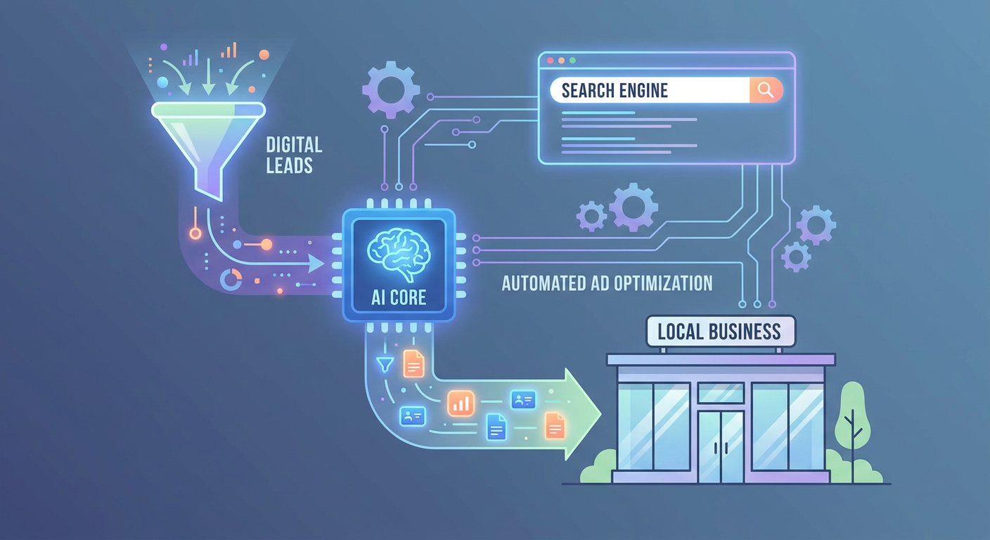 Conceptual AI funnel filtering digital leads into a local storefront
