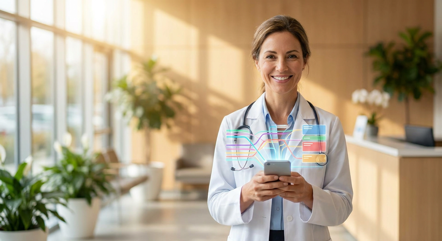 Medical professional utilizing AI automated patient scheduling on smartphone