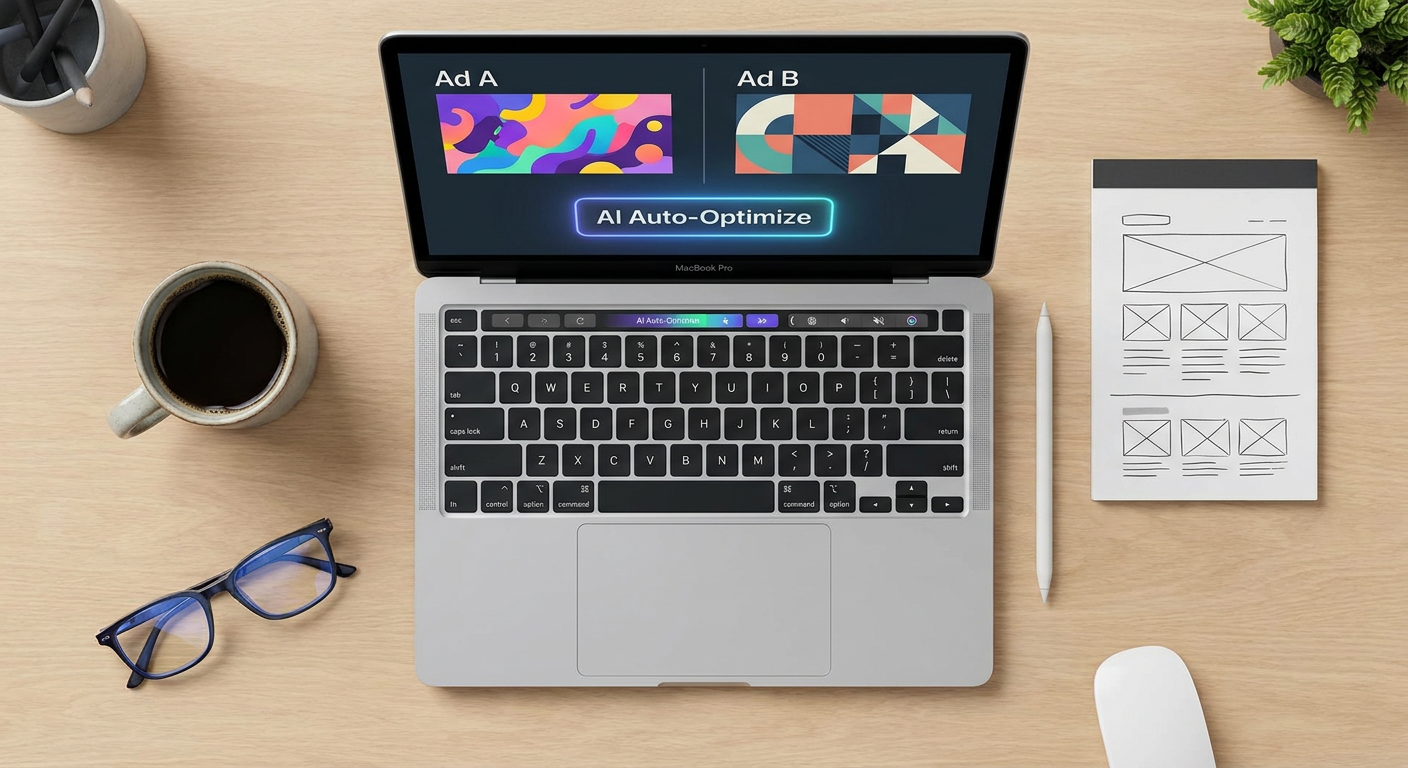 Top-down view of a digital marketer's desk with a laptop showing a split-screen AI A/B test of digital ads