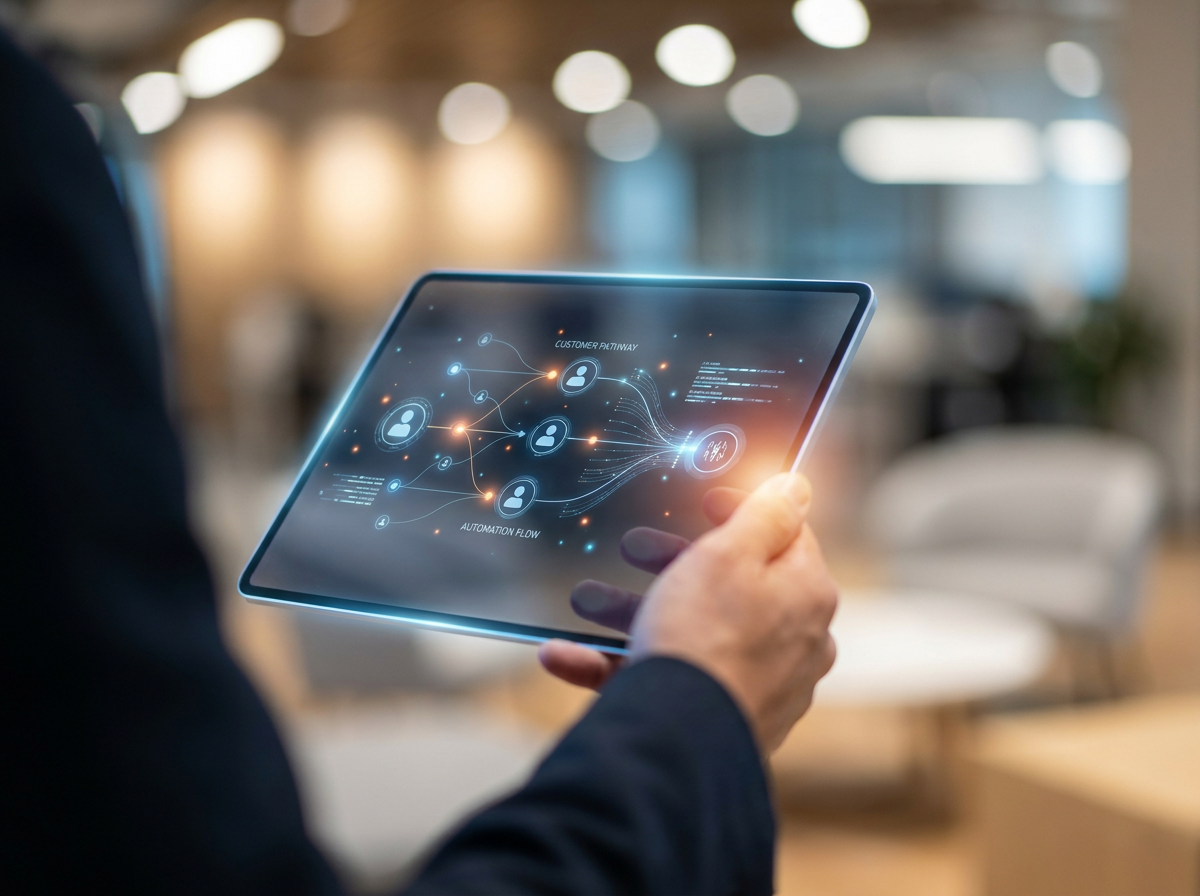 Marketing professional using AI marketing automation software on a glowing tablet