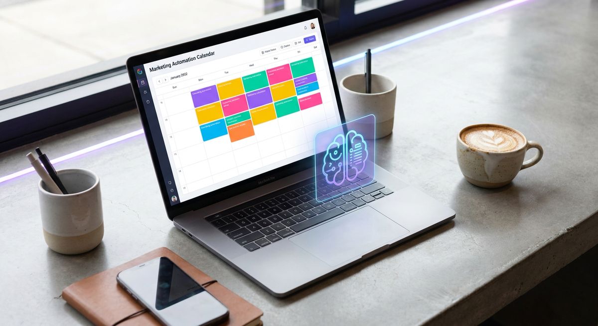 Modern marketing workspace with digital calendar and holographic AI brain