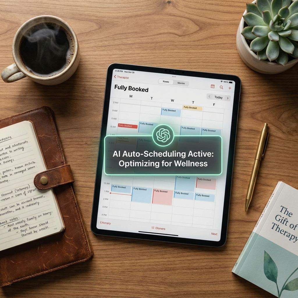 Therapist workspace showing an AI auto-scheduling system active on a tablet