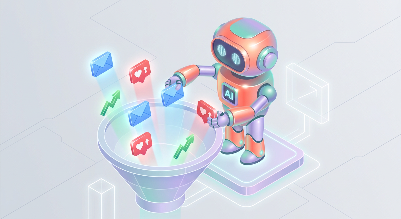 3D illustration of an AI robot sorting digital marketing assets into a glowing funnel