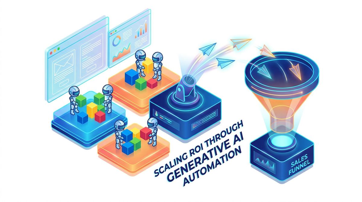 A dynamic isometric illustration representing the scaling of ROI through generative AI automation