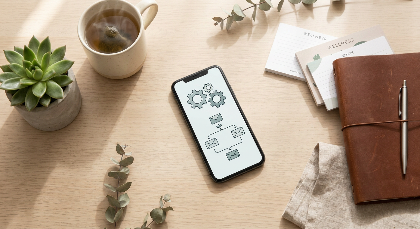 Top-down view of therapy business management with smartphone displaying marketing automation icons alongside wellness elements