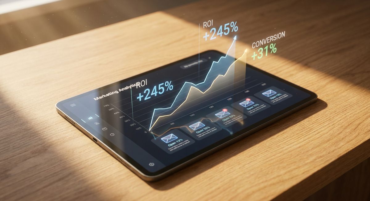 Marketing analytics dashboard displaying AI-generated email metrics and upward trending ROI charts