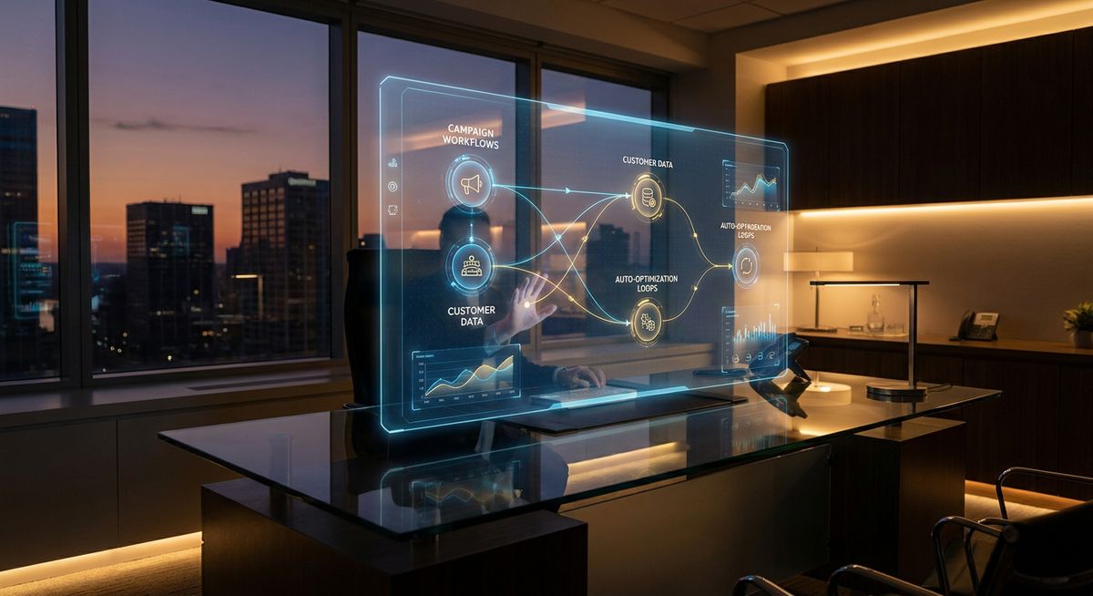 A high-quality photorealistic image of an advanced, glowing holographic marketing dashboard hovering over a sleek glass desk in a modern corporate office.