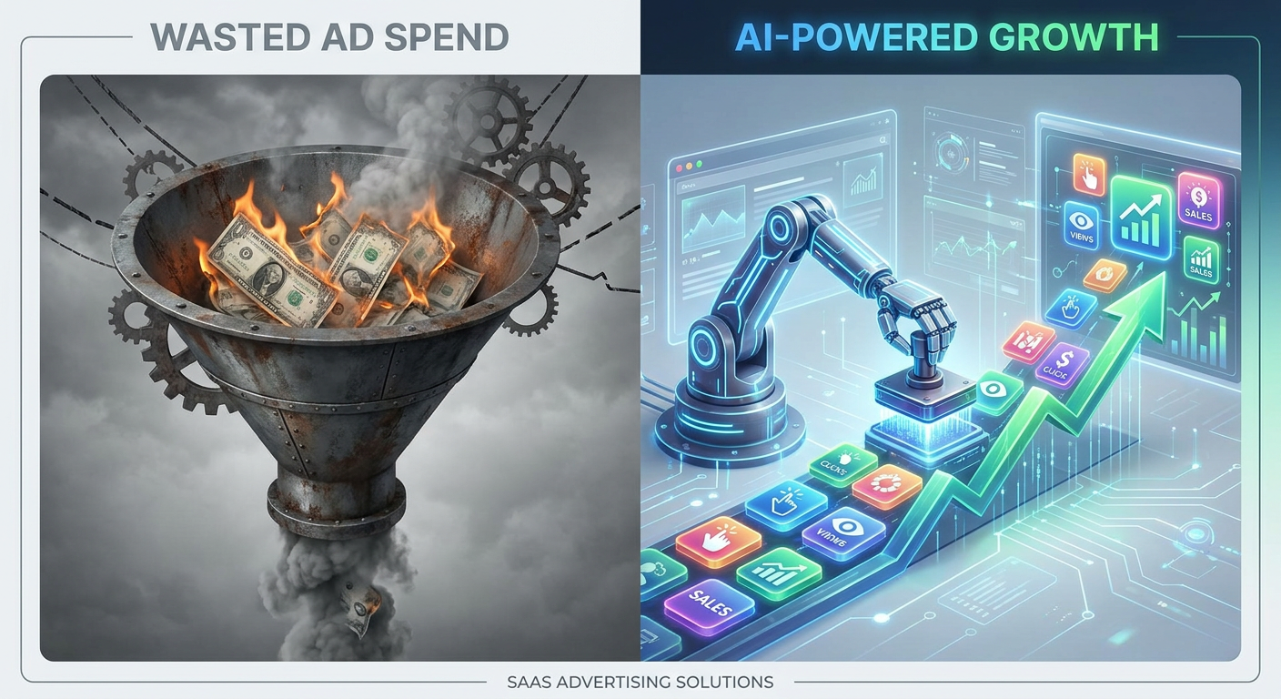 Conceptual contrast of wasted ad spend versus automated, high-converting AI ad creative generation