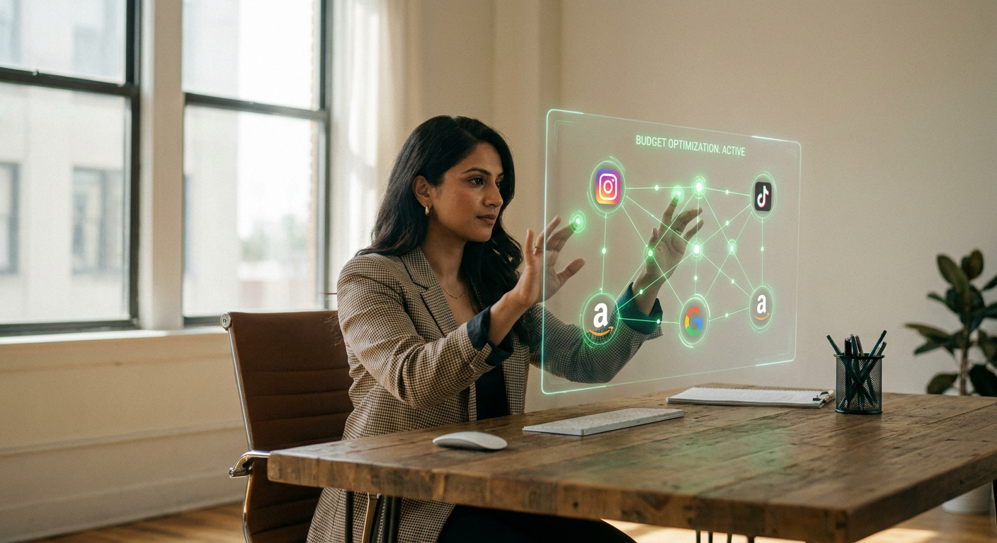 Futuristic interface of a cross-platform AI ad manager automatically optimizing campaigns