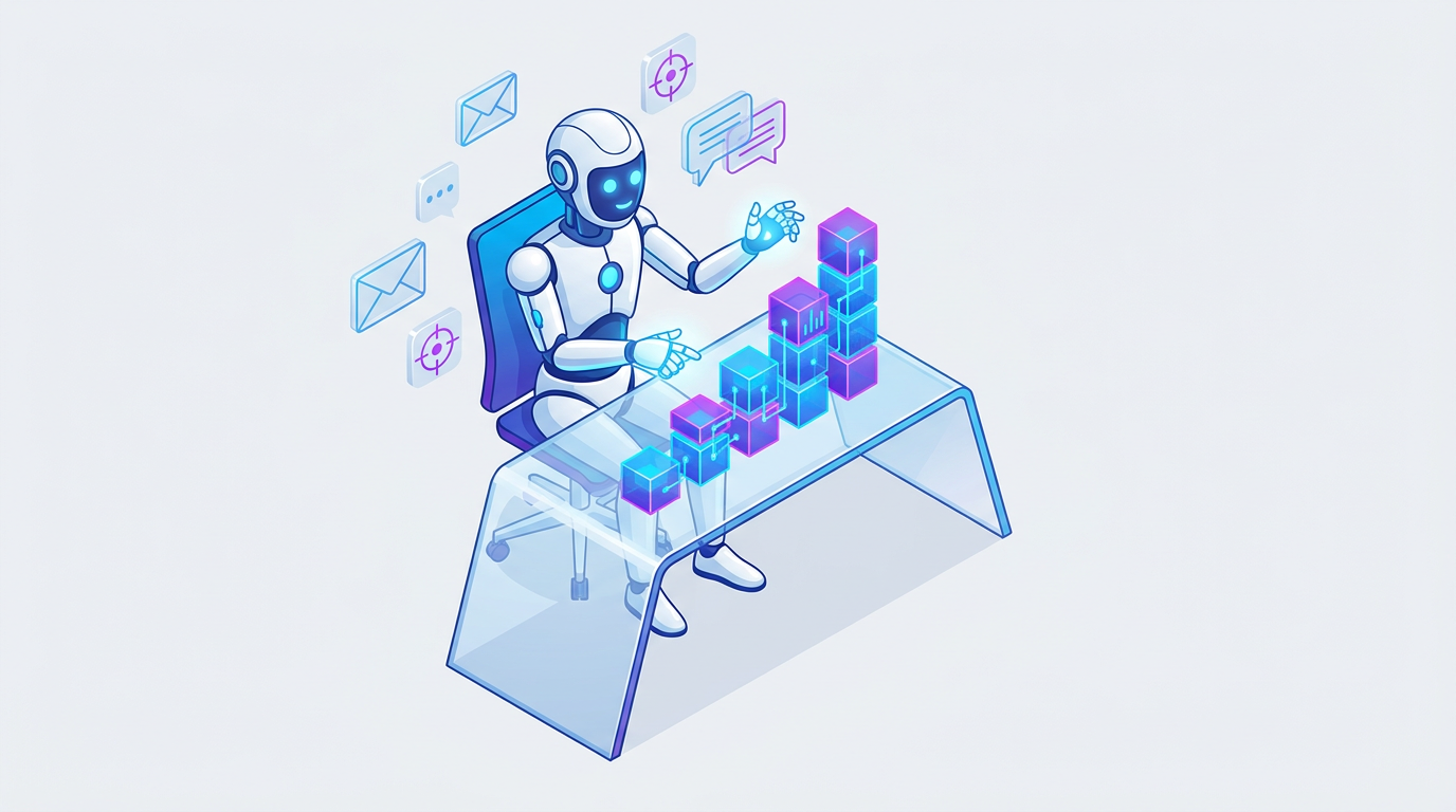 Dynamic isometric 3D illustration of an advanced robot organizing data nodes for AI automated lead generation