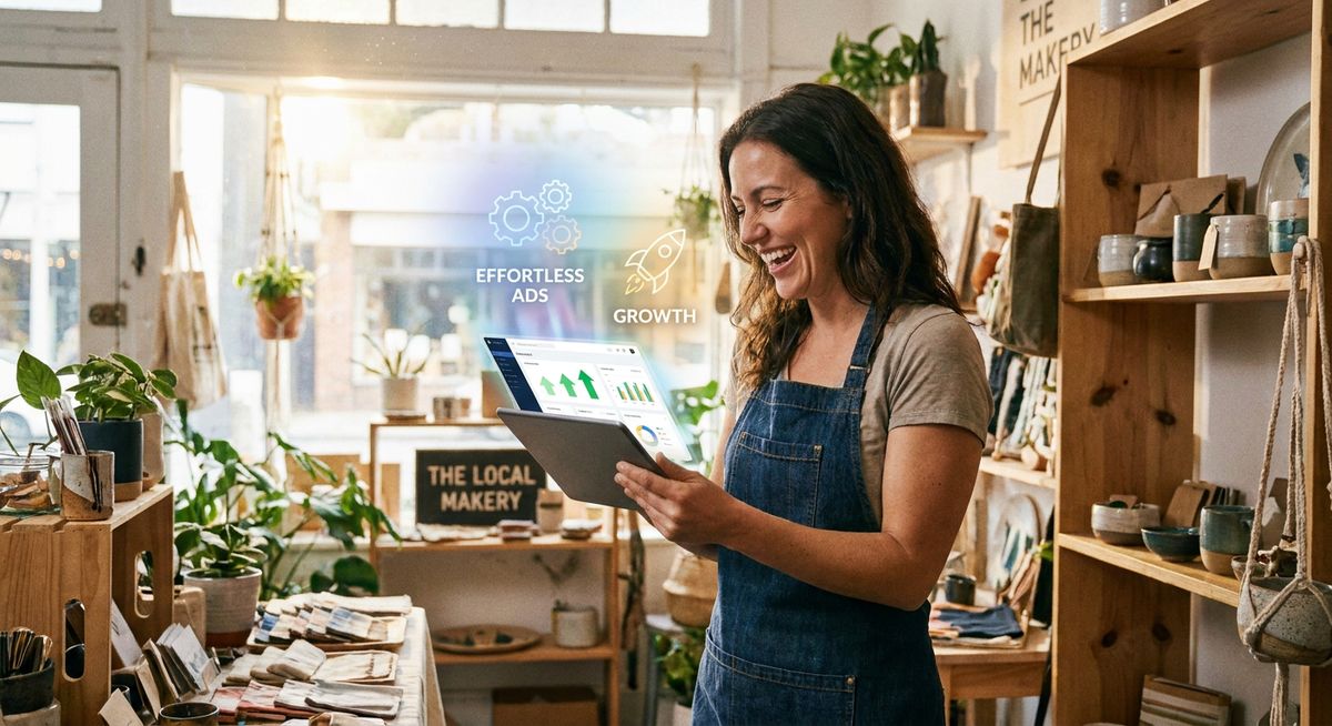 Small business owner using AI Google Ads dashboard
