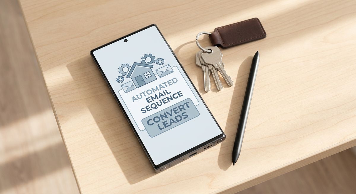 A minimalist, top-down flat lay photography shot of a modern smartphone resting on a wooden desk showing an automated real estate email sequence.