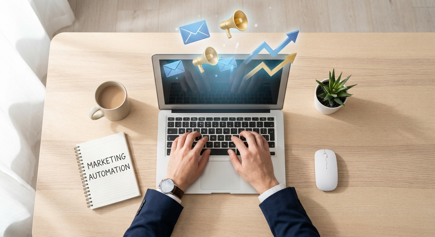 A modern workspace with a glowing laptop displaying business scaling and AI marketing success metrics