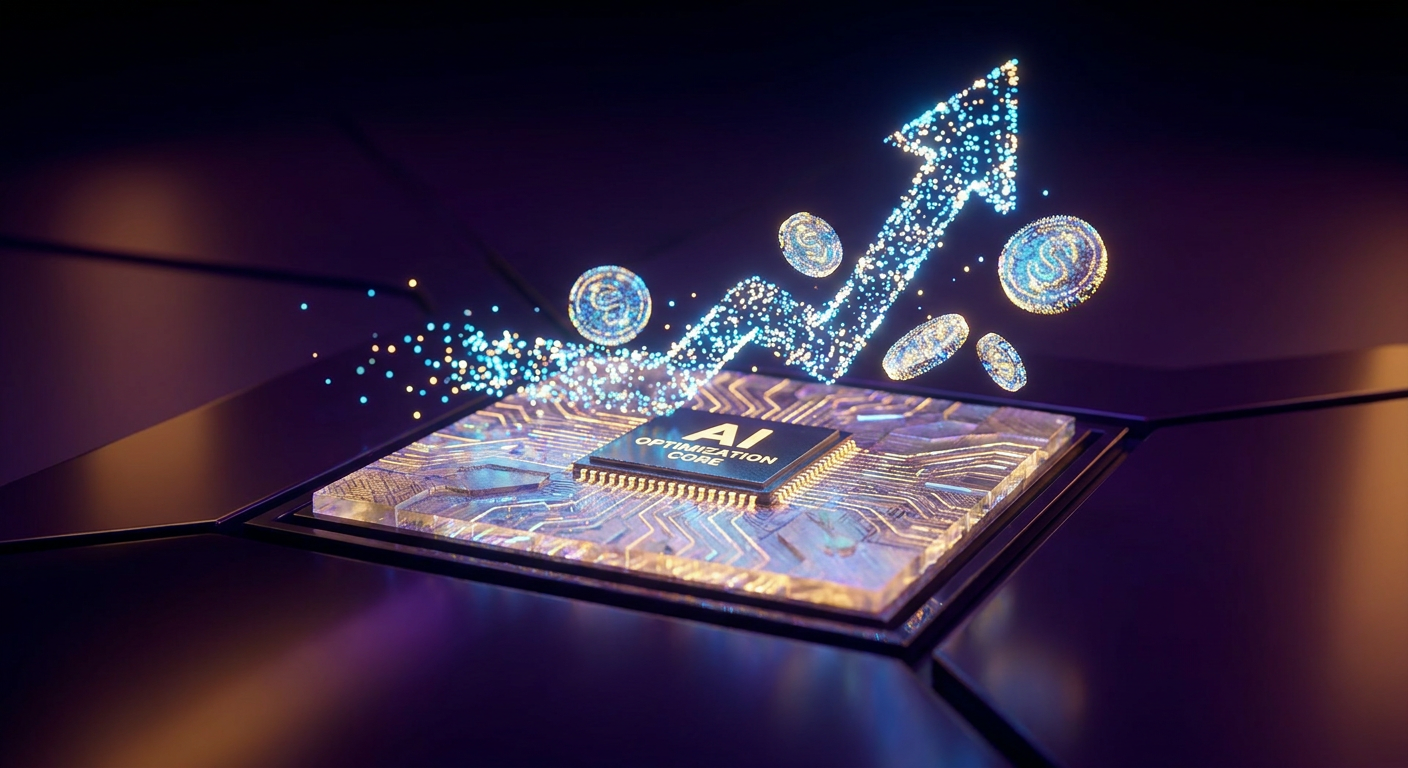 Abstract representation of AI optimizing marketing growth with upward-trending holographic data charts
