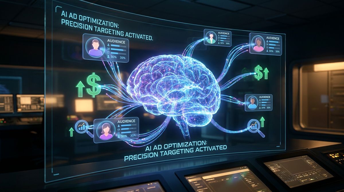 AI ad optimization software interface with upward trending charts
