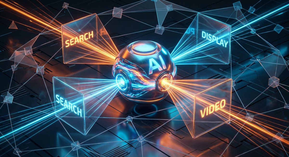 Conceptual 3D illustration showing a glowing, autonomous AI core brain routing ad campaigns
