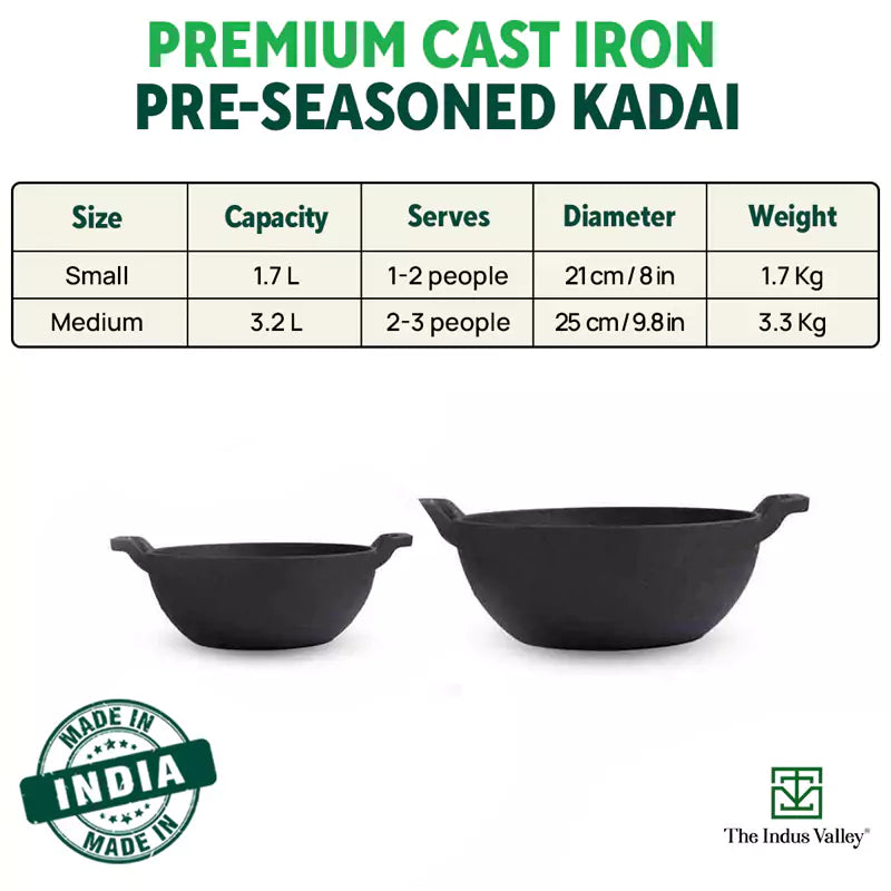 The Indus Valley CASTrong Cast Iron Kadai, Pre-seasoned, Nonstick, 100% Pure, Toxin-free, Induction, 21/25cm, 1.7L/3.3kg thumbnail 4